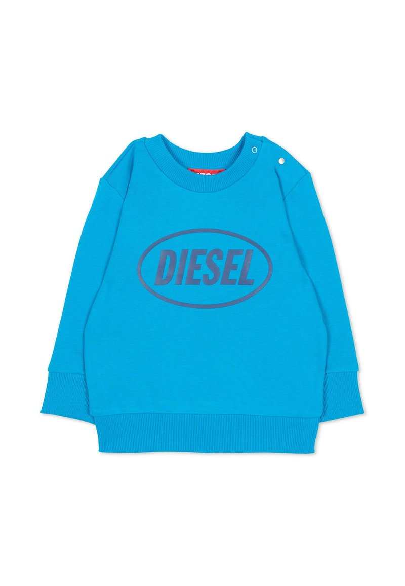 Felpa di cotone blu con maniche lunghe, polsini a costine e scollo tondo. Presenta un grande logo "DIESEL" blu scuro in un ovale sul davanti.
