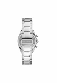 Orologio in acciaio inossidabile argento con bracciale a maglie, cassa circolare e quadrante visibile, con il logo "KARL LAGERFELD" sul retro.