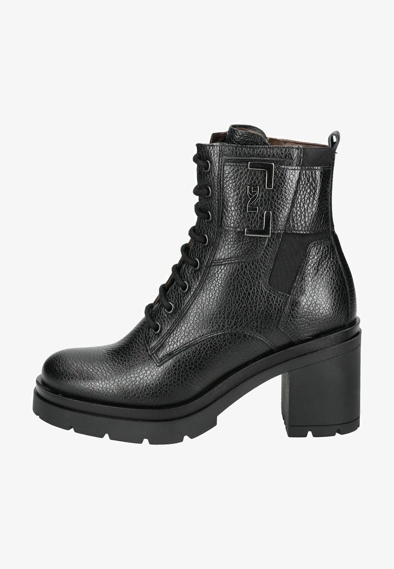 Black leather ankle boot with a textured finish, round toe, thick heel, lace-up design, and side elastic panel for flexibility.