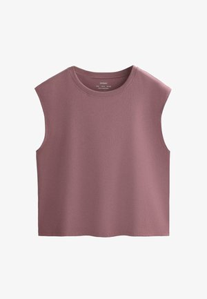 Top fără mâneci, de culoare roz prăfuit, realizat dintr-un material moale și neted. Are un decolteu rotund și o siluetă dreaptă cu margini nefinisate.