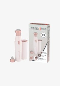 Remington 2-in-1 gezichts apparat voor haarverwijdering in roze en roségoud, met een slank ontwerp, geïntegreerde opbergkap en twee verwisselbare koppen.