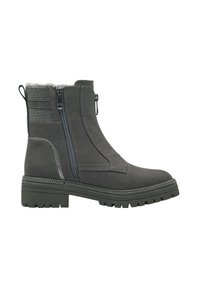 Bottine grise avec un dessus texturé, des doubles zips et des accents cloutés. Semelle épaisse avec un motif de semelle pour adhérence et stabilité.