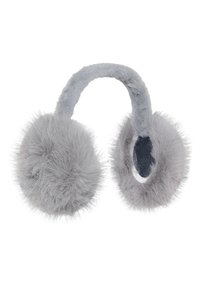 Gray fluffy earmuffs with soft fur-covered ear pads and headband, designed for cold weather wear.