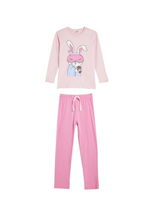 Conjunto de pijama de color rosa claro que incluye una camiseta de manga larga con un gráfico de un conejo y pantalones a juego con cintura elástica y detalle de lazo.