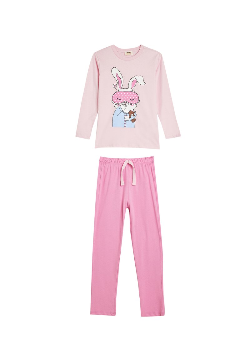 Conjunto de pijama de color rosa claro que incluye una camiseta de manga larga con un gráfico de un conejo y pantalones a juego con cintura elástica y detalle de lazo.