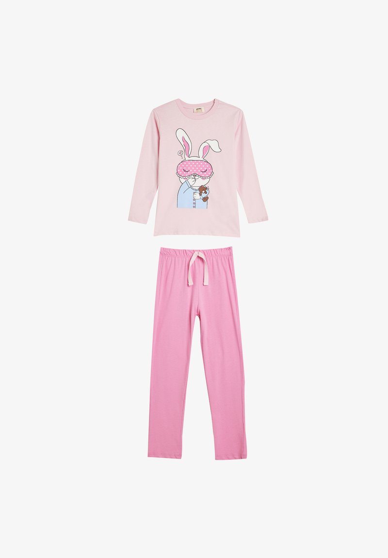 Helles rosa Schlafanzugset mit einem langärmeligen Oberteil mit einem Hasenmotiv und passender Hose mit elastischem Bund und Bindedetail.