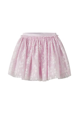 Gonna in tulle rosa con motivi di fiori bianchi, vita elasticizzata arricciata e design svasato e a strati per un outfit da bambino.