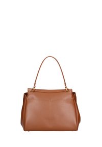 Bruine leren handtas met een gladde textuur, een gestructureerde vorm en een afgeronde handgreep. Voorzien van goudkleurige hardware en stikseldetails.