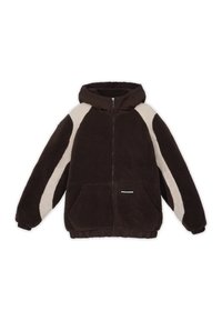 Giacca in fleece marrone con cappuccio, caratterizzata da pannelli laterali color crema, una zip frontale e polsini elasticizzati. Include due tasche laterali.