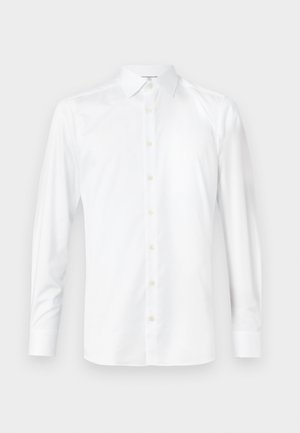 White long-sleeve shirt made of smooth fabric, featuring a classic collar, button front, and buttoned cuffs. Simple, clean design.