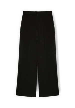Black wide-leg trousers with belt loops, front pockets, and a front crease, laid flat on a white background.