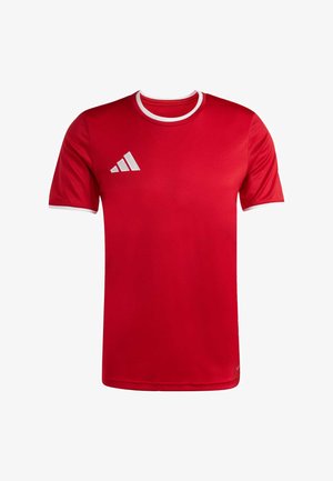 Maglietta sportiva rossa a maniche corte con rifiniture bianche su collo e maniche, con un piccolo logo bianco a tre strisce sul petto a sinistra.