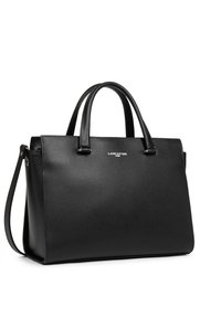 Borsa a tracolla nera in pelle texture, con doppie maniglie, una tracolla rimovibile e un logo argentato sul davanti.