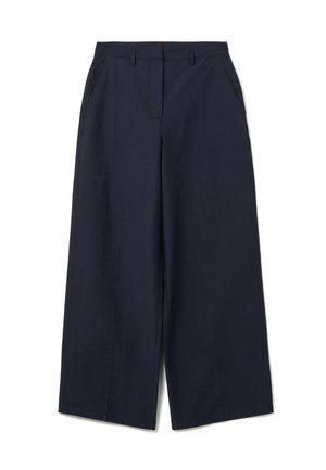 Weite Hose aus dunkelblauem Stoff, mit zwei Seitentaschen, einer glatten Textur und einem klassischen Bund mit Gürtelschlaufen.