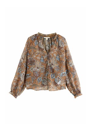 Braune Bluse mit Blumenmuster, langen Ärmeln, gerafftem Halsausschnitt, aus leichtem, durchscheinendem Stoff, der mit komplizierten Mustern in Blau und Weiß verziert ist.