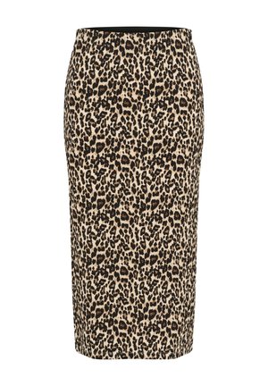 Leopardprint kokerrok in beige en zwart. Getailleerd ontwerp met een gladde textuur en een brede tailleband voor comfort.