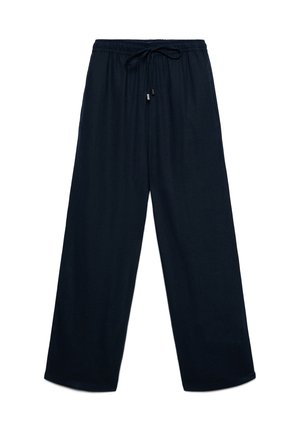 Locker sitzende schwarze Hose mit elastischem Bund und Kordelzug, weite Beine, aus weichem Stoff, geeignet für legere Kleidung.