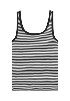 Black and white horizontal striped sleeveless tank top with scoop neckline and black trim on the edges, displayed flat on white background.