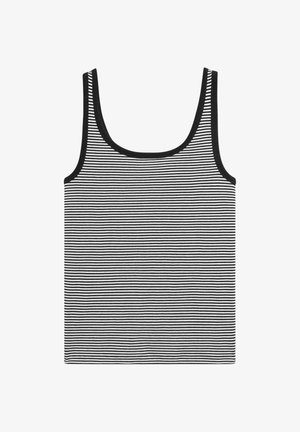 Black and white horizontal striped sleeveless tank top with scoop neckline and black trim on the edges, displayed flat on white background.