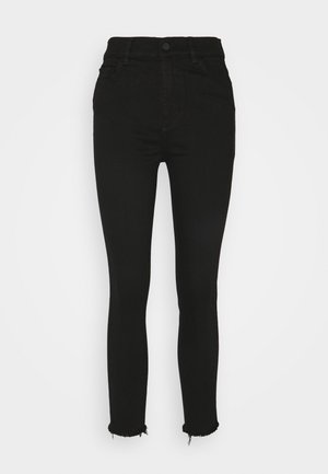 Schwarze Skinny-Jeans mit hoher Taille, Knopf- und Reißverschluss, fünf Taschen und ausgefransten Säumen.
