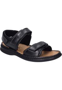 Sandal in pelle nera con due fasce regolabili in Velcro e soletta imbottita. Presenta una punta arrotondata e una suola in gomma texturizzata.