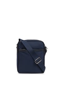Sac bandoulière en tissu bleu marine avec une fermeture éclair supérieure, une poche zippée à l'avant, une sangle réglable, une texture lisse et des accents en simili cuir noir.