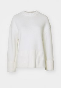 White knitted sweater featuring a ribbed hem and cuffs, round neckline, and drop shoulders. Made from soft, textured yarn.
