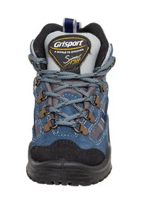 Blaue und graue Wanderschuhe mit grauen Schnürsenkeln, metallischen Ösen, schwarzer Sohle und gepolstertem Kragen, mit dem Aufdruck "Grisport" auf der Zunge.