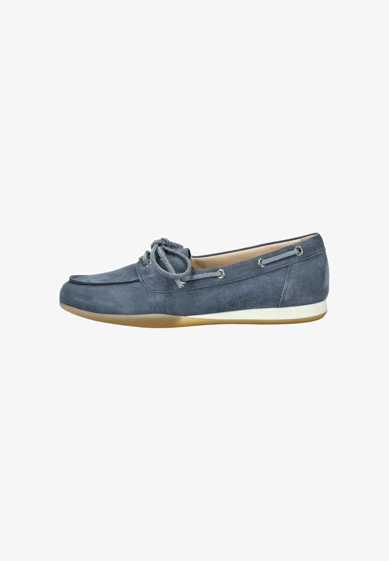 Mocassin en daim bleu avec nœud lacé, bout rond et semelle en caoutchouc marron clair.