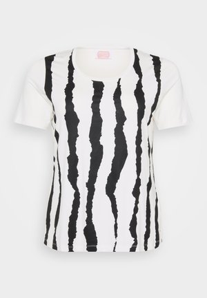 Κοντομάνικο μπλουζάκι από λευκό βαμβάκι με μαύρες, σκιστές ρίγες. Στρογγυλή λαιμόκοψη και ίσια γραμμή. Χωρίς πρόσθετες λεπτομέρειες ή αξεσουάρ.