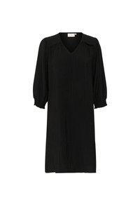 Robe noire avec un décolleté en V, des manches bouffantes longues et des détails froncés aux épaules. Confectionnée dans un tissu texturé, de longueur genou.