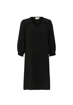 Abito nero con scollo a V, maniche lunghe a sbuffo e dettagli arricciati alle spalle. Realizzato in tessuto texturizzato, design fino al ginocchio.