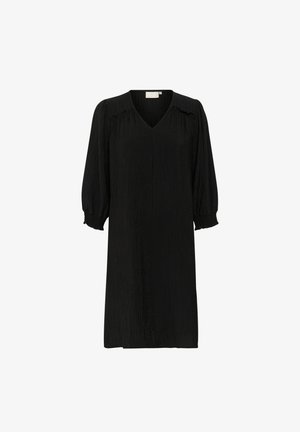Mustav kleit, millel on V-kujuline kaelus, kauged puhvis varrukad ja kokku volditud detailid õlgadel. Valmistatud tekstuuriga kangast, põlvepikkune disain.