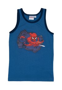 Blue tank top made of cotton with a graphic of a red superhero on a gray graffiti-style background. Rounded neckline and sleeveless design.