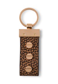 Porte-clés en cuir avec un motif léopard marron et noir, équipé d'un anneau en métal doré et de trois clous décoratifs.