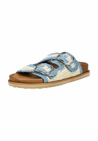 Hnědé a krémové sandály z tkaniny s copánkovým vzorem, se dvěma nastavitelnými stříbrnými sponami, hnědou stélkou a texturovanou podešví pro lepší grip.