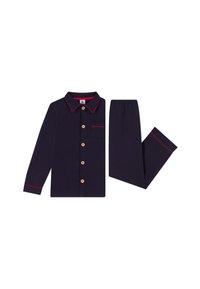 Marineblauw pyjama set met een knoopsluiting bovenstuk met kraag, borstzak en rode accenten, gecombineerd met een broek met elastische tailleband. Zachte stoftextuur.