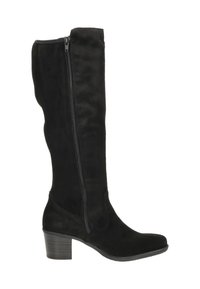 Bota de ante negra hasta la rodilla con cremallera lateral, tacón apilado, superficie texturizada y diseño de punta redonda. Ideal para uso casual o formal.