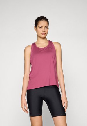 Lightweight, sleeveless magenta tank top with a relaxed fit, paired with black athletic shorts featuring a logo on the hem. Smooth texture.