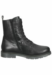 Bottine en cuir noir avec fermeture à lacets sur le devant et fermeture éclair sur le côté. Dotée d'une semelle texturée et de détails de couture. Finition de surface lisse.