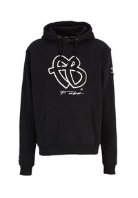 Sort hætte sweatshirt lavet af bomuld, med et stort hvidt grafisk logo på fronten, en frontlomme samt ribbede manchetter og kant.