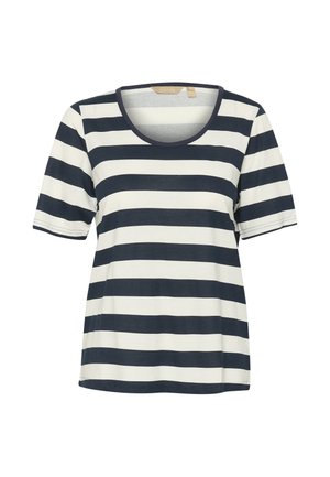 Tumesinine ja valgest triibuline lühikeste varrukatega T-särk, ümmarguse kaelusega ja vabalt langev, valmistatud pehmest ja kergest kangast.