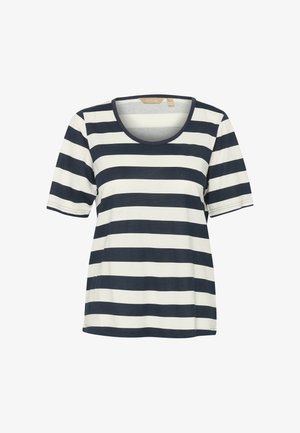 Tumesinine ja valgest triibuline lühikeste varrukatega T-särk, ümmarguse kaelusega ja vabalt langev, valmistatud pehmest ja kergest kangast.