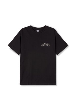 Camiseta de algodón negra con mangas cortas, cuello redondo y un gráfico de "calma" en la parte izquierda del pecho en hilo blanco.
