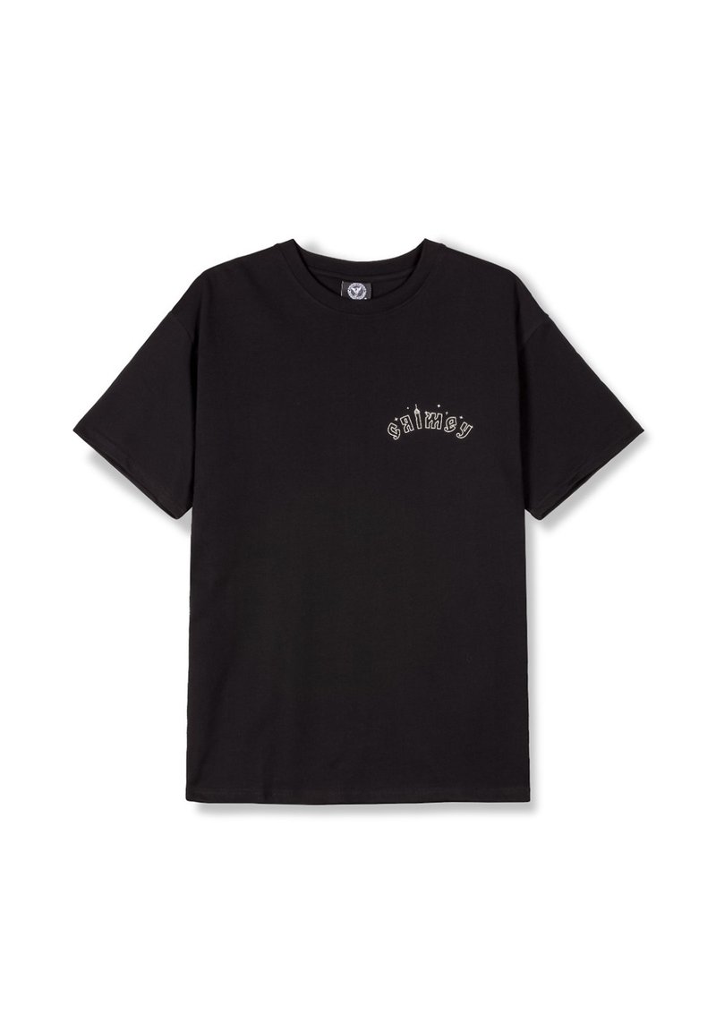 Camiseta de algodón negra con mangas cortas, cuello redondo y un gráfico de "calma" en la parte izquierda del pecho en hilo blanco.