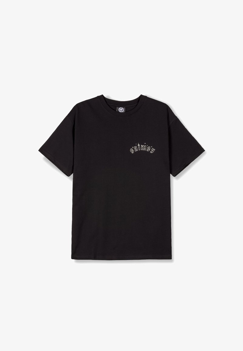 Camiseta de algodón negra con mangas cortas, cuello redondo y un gráfico de "calma" en la parte izquierda del pecho en hilo blanco.