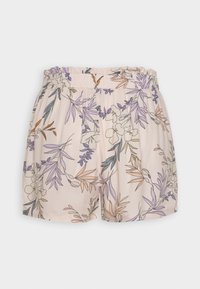 Bloemmotief shorts met een elastische tailleband, gemaakt van lichtroze stof versierd met paarse, groene en oranje bladeren en bloemen.