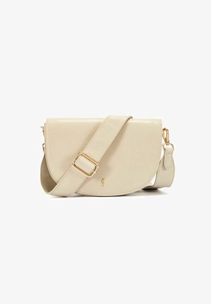 Beżowa torebka na ramię z gładkiej skóry, zaokrąglonym zapięciem na klapkę i złotymi akcentami. Zawiera regulowany pasek dla większej wszechstronności.