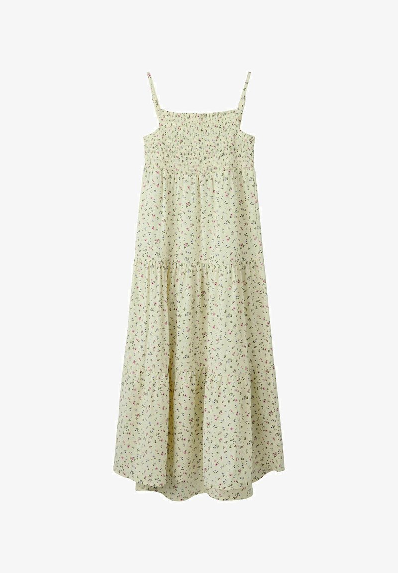 Šviesiai geltona midi ilgio suknelė be rankovių su raukšlėtu liemeniu ir smulkiu margų gėlių raštu.