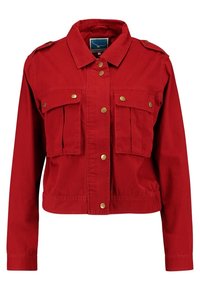 Rode cropped jacket met lange mouwen, een kraag, voorste drukknoopsluitingen, twee borzip zakken en schouderepauletten in verguld metaal.